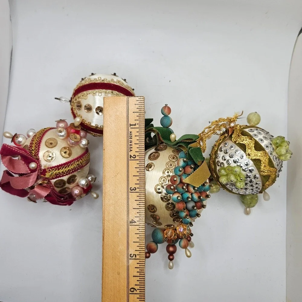 Vintage Lot of 4 Handmade Satin Sequin Beaded Christmas Ball Ornaments